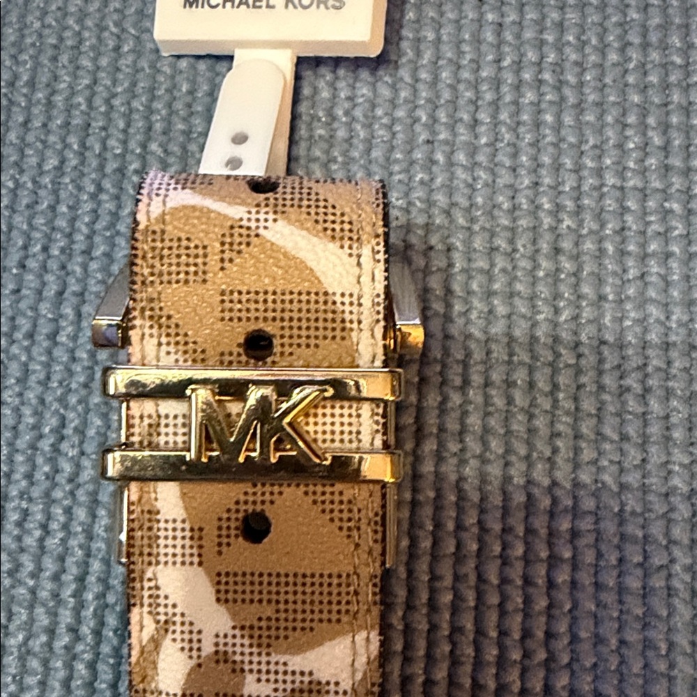 Michael Kors Tan and Cream Monogram Belt with Gold Buckle